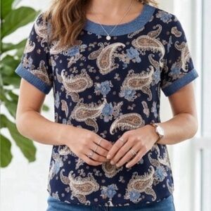 Italian Paisley Floral Horse & Horse US 6 Lightweight Blue Colorful Top